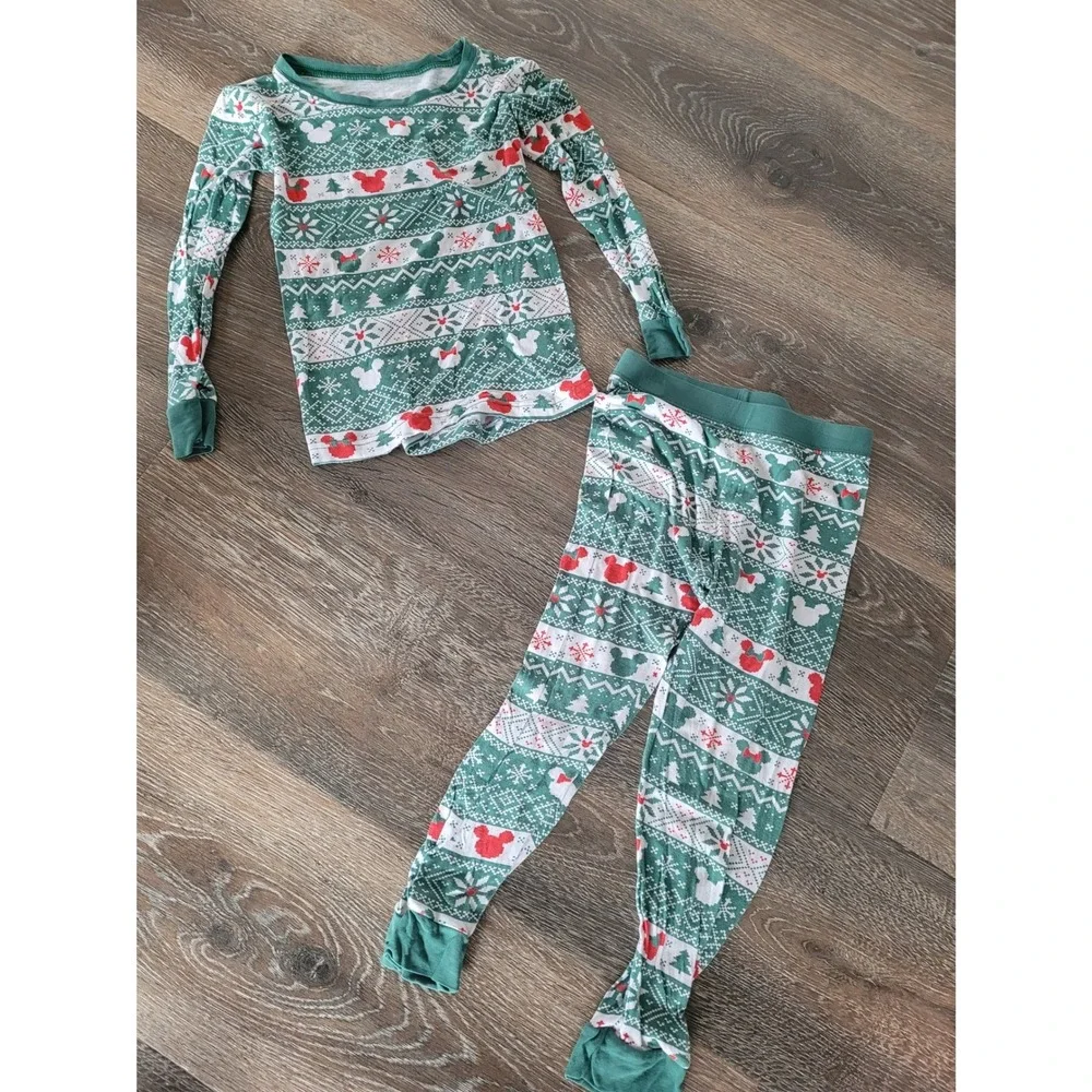 Little Sleepies Disney Mickey Mouse Fair Isle Bamboo Pajama Green 3T Holiday #2